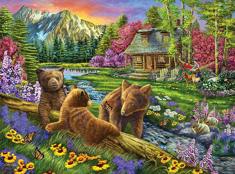 Nap Time Is Over, mountains, flowers, sunset, cabin, river, bears, trees, artwork, butterfly, painting, HD wallpaper