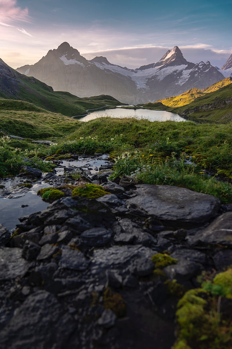 mountains, lake, valley, greenery, landscape, HD phone wallpaper