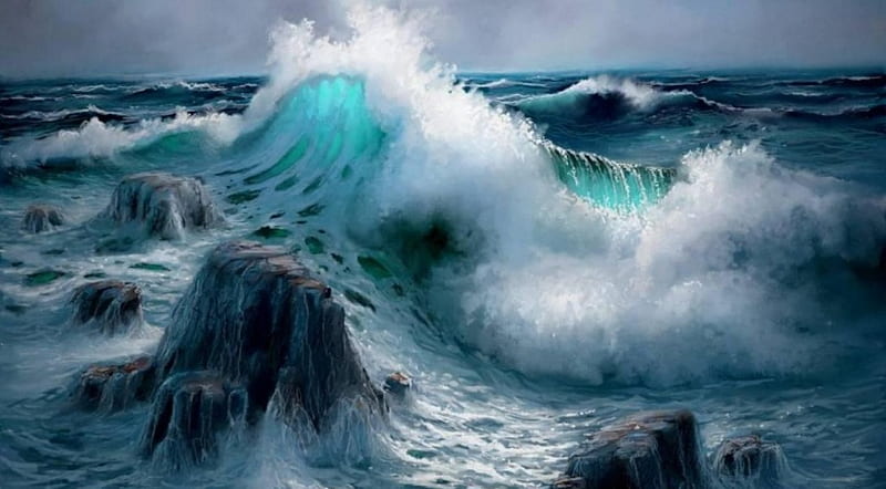 Waves crashing between rocks, rocks, splash, waves, ocean, HD wallpaper