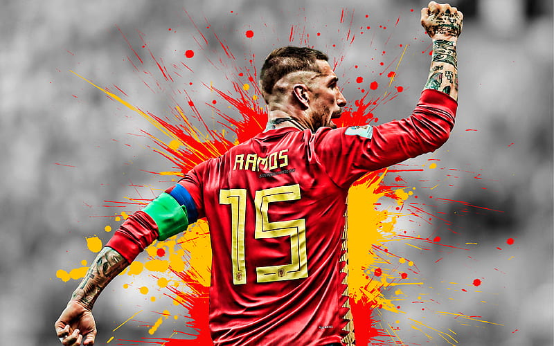 Sergio Ramos, Spain national football team, defender, Spanish football player, creative flag of Spain, paint splashes, Spain, football, HD wallpaper