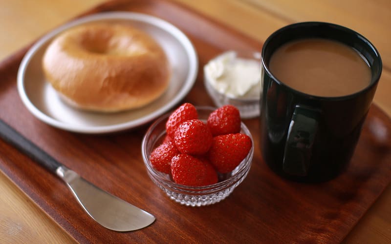 Food, Strawberry, Coffee, Still Life, Mug, Breakfast, Bagel, HD wallpaper