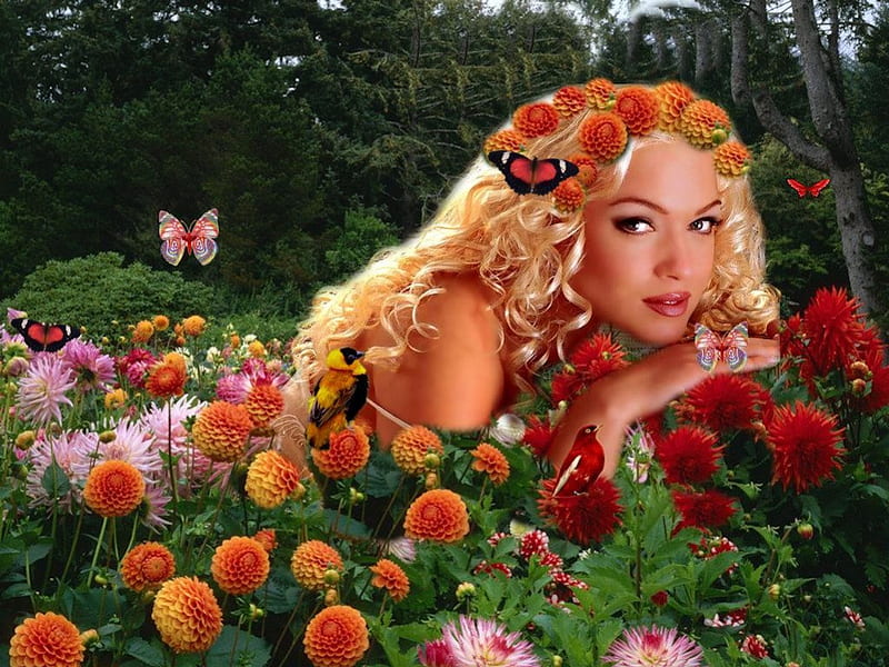 Fantasy Girl Floral Dream, red, orange, yellow, floral, fantasy, green, flowers, pink, blue, forest, golden, birds, black, blonde, butterflies, trees, girl, garden, peach, field, HD wallpaper