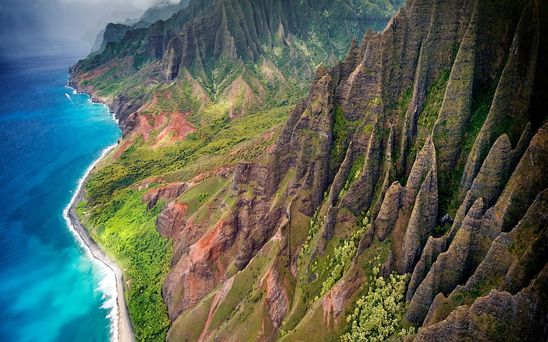 island of Kauai, cliffs, rainforests, Napali Coast, Pacific Ocean, coast, Hawaii, USA, HD wallpaper