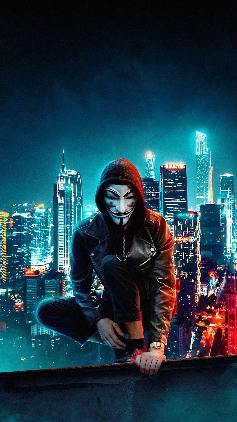 Anonymous Blue Character City Mask Night Towers Hd Phone Wallpaper Peakpx