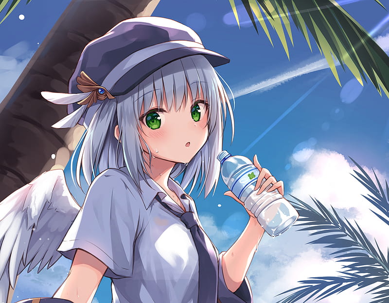 Anime, Original, Bottle, Girl, Green Eyes, Grey Hair, Hat, Sky, Wings, HD wallpaper