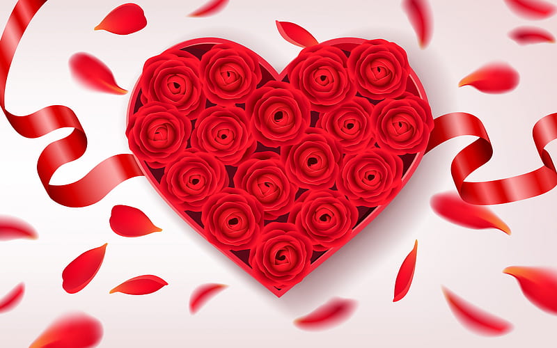 red heart of roses, flower heart, vector red rose heart, flower gift, roses, red flowers, HD wallpaper