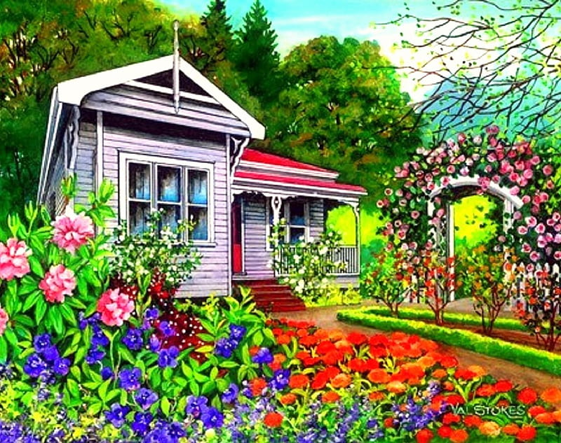 ★Rose Cottage★, architecture, stunning, cottages, home, attractions in dreams, bonito, paintings, flowers, lovely flowers, houses, love four seasons, places, creative pre-made, country, roses, memories, gardens, summer, gardens and parks, HD wallpaper