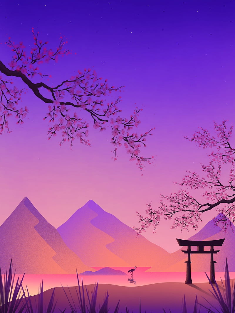 torii, gate, crane, sakura, mountains, art, purple, HD phone wallpaper