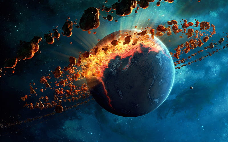 Explosive Planet, planets, moons, 3d, debris, explosive, space, HD wallpaper