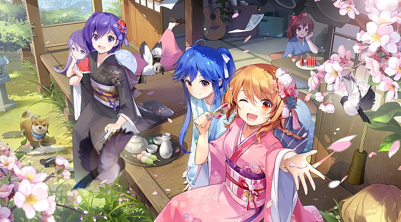 anime girls, summer, kimono, ice cream, sakura blossom, friends, wink, watermelon, Anime, HD wallpaper