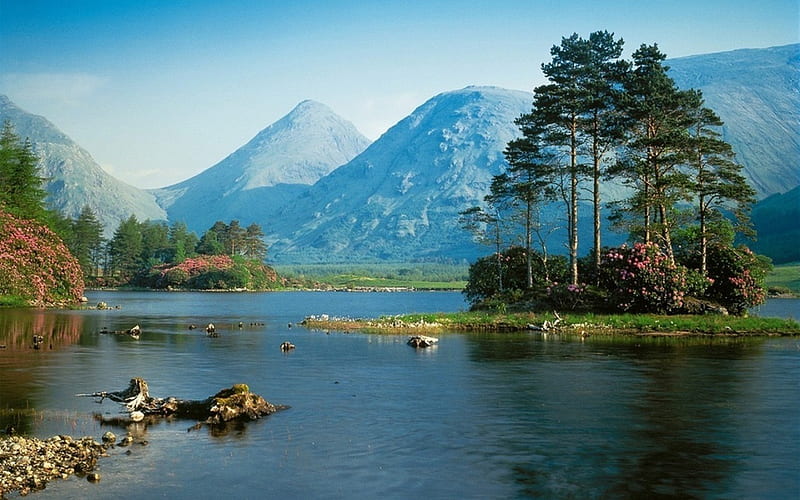 Scottish Highlands, mountains, island, trees, lake, landscape, HD wallpaper