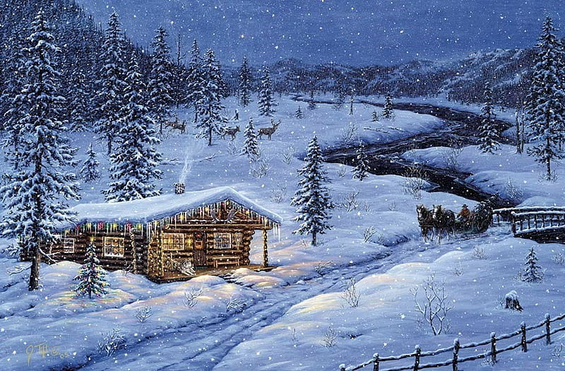 Cabin at Snowfall, cart, trees, artwork, deer, horses, winter, bridge, snow, painting, path, river, landscape, HD wallpaper