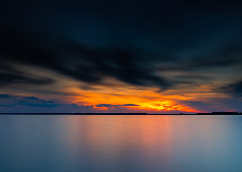sunset, sea, horizon, clouds, dusk, HD wallpaper