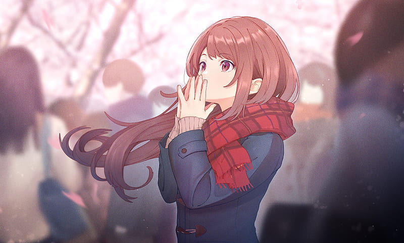 anime girl, red scarf, winter, brown hair, school uniform, Anime, HD wallpaper