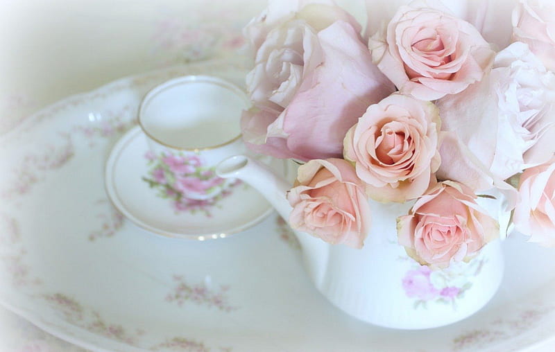 Spring Tea Time, still life, tea time, flowers, spring, roses, HD wallpaper