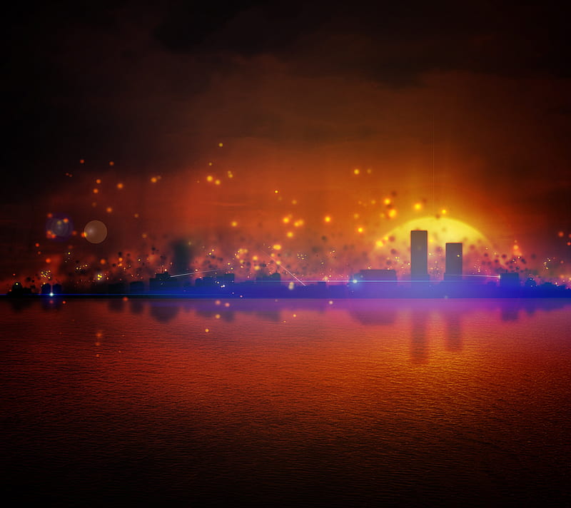 Burning City, city, fire, flames, lights, ocean, reflection, sea, sun, guerra, HD wallpaper