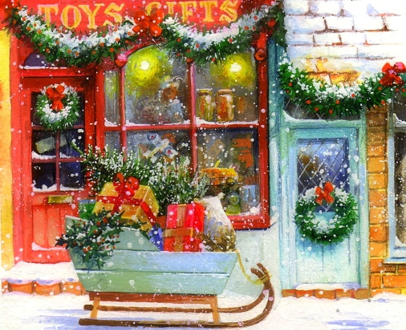 Shop Window, sleigh, Christmas, wreath, holidays, New Year, love four seasons, attractions in dreams, xmas and new year, winter, snow, gifts, HD wallpaper