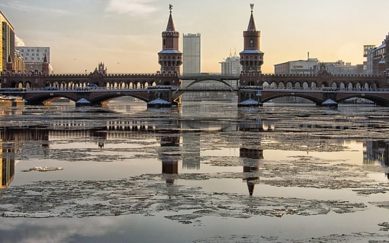 towers bridge on a frozen river, city, towers, bridge, ice, river, HD wallpaper