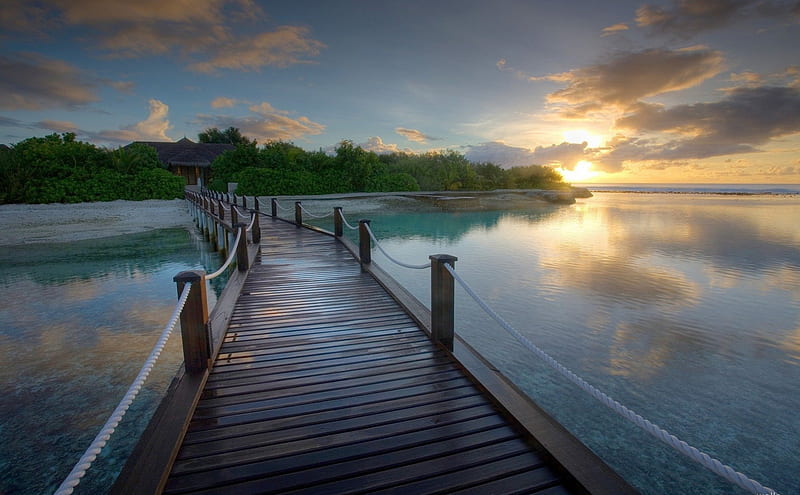 wooden bridge in a paradise resort, resort, bridge, sunset, island, sea, HD wallpaper