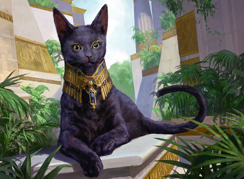 Sacred cat, art, fantasy, sacred, zezhou chen, black, cat, egypt, pisica, HD wallpaper