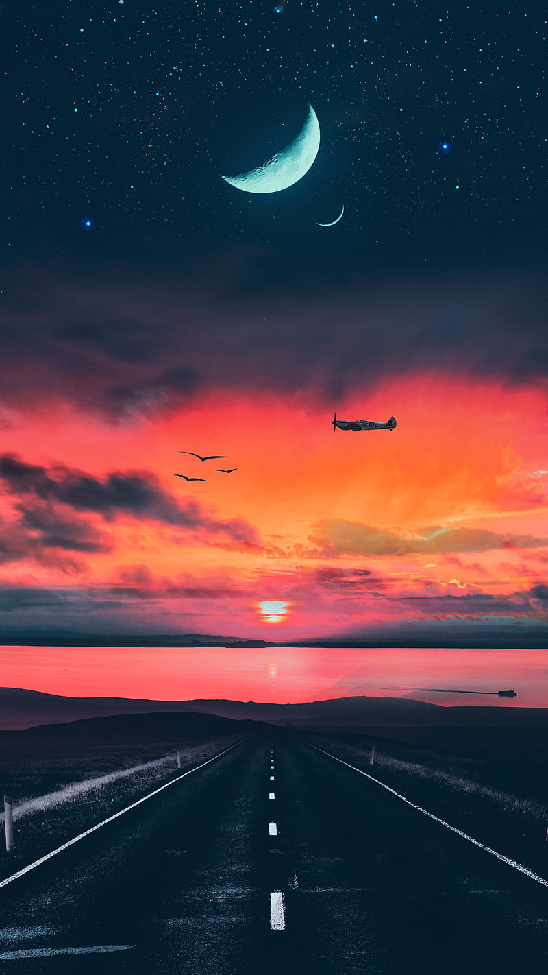 Sunset beauty, airplane, barca, blue, desenho, golden, landscape, lavender, moon, road, themes, HD phone wallpaper