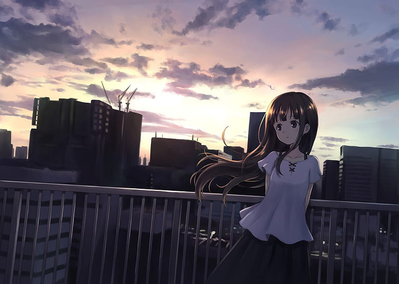 Anime girl, scenic, cityscape, buildings, brown hair, Anime, HD ...