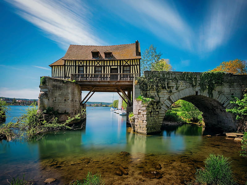 The Old Mill - Le Vieux Moulin, Vernon, Normandie, river, sky, cottage, wall, clouds, HD wallpaper