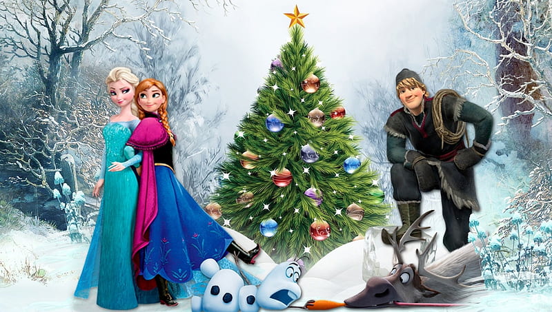 Frozen Christmas, Christmas, Disney, Christmas tree, Olaf, winter, Anna, Frozen, sven, Elsa, HD wallpaper