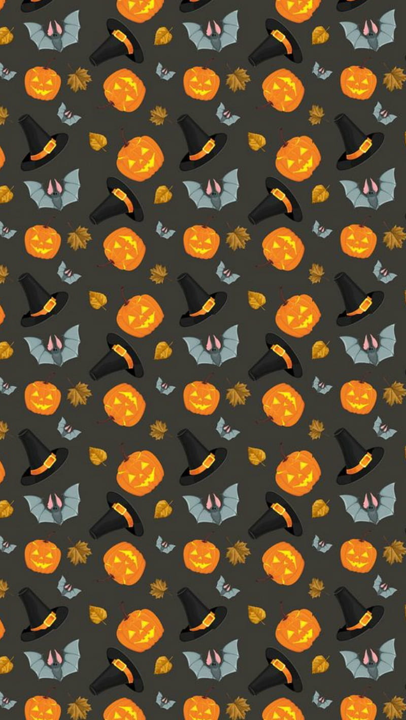 Halloween pattern, bat, pumpkins, witch hat, HD phone wallpaper
