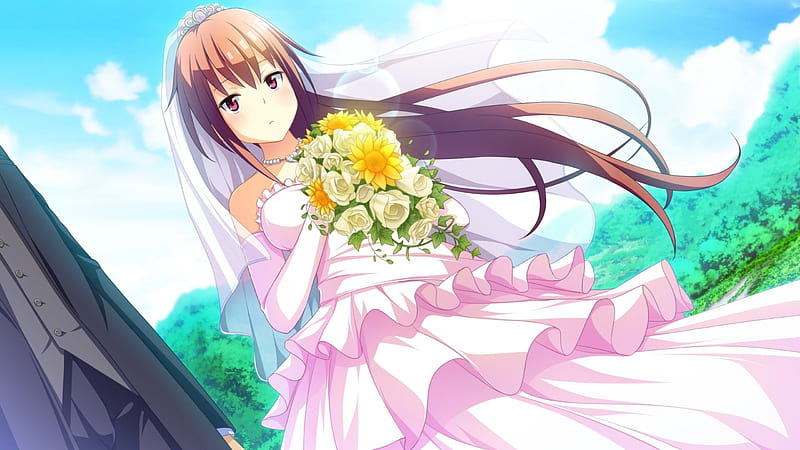 Here Comes The Bride, bouquet, anime, veil, wedding dress, natsuiro recipe, bride, ajigasawa ryouka, wedding, HD wallpaper