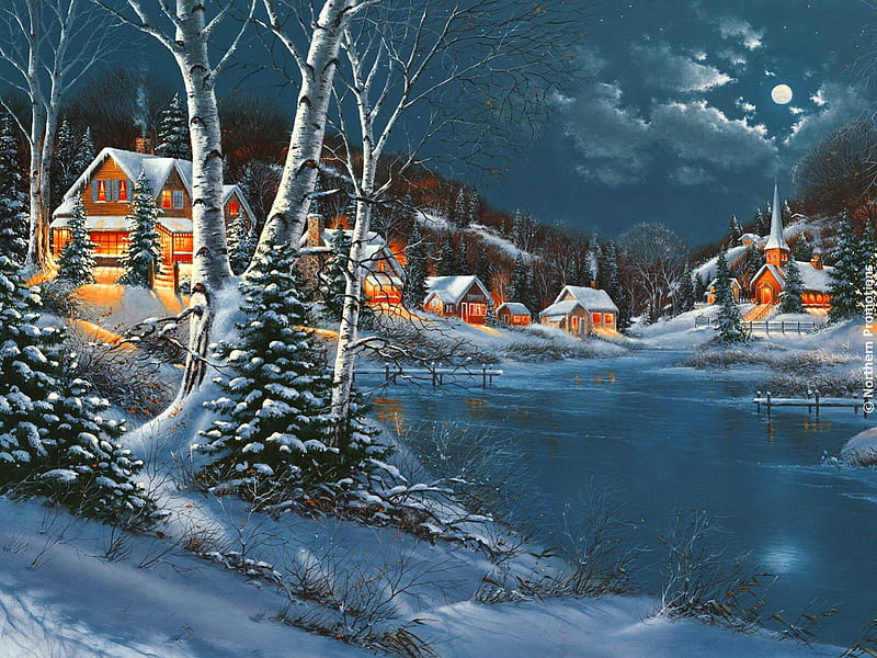 Village at christmas night, pretty, shore, cottages, bonito, clouds, lights, cold, mountain, nice, painting, river, evening, reflection, frost, night, calmness, lovely, holiday, houses, new year, sky, trees, winter, lake, noel, pond, holy, water, serenity, snow, peaceful, frozen, HD wallpaper