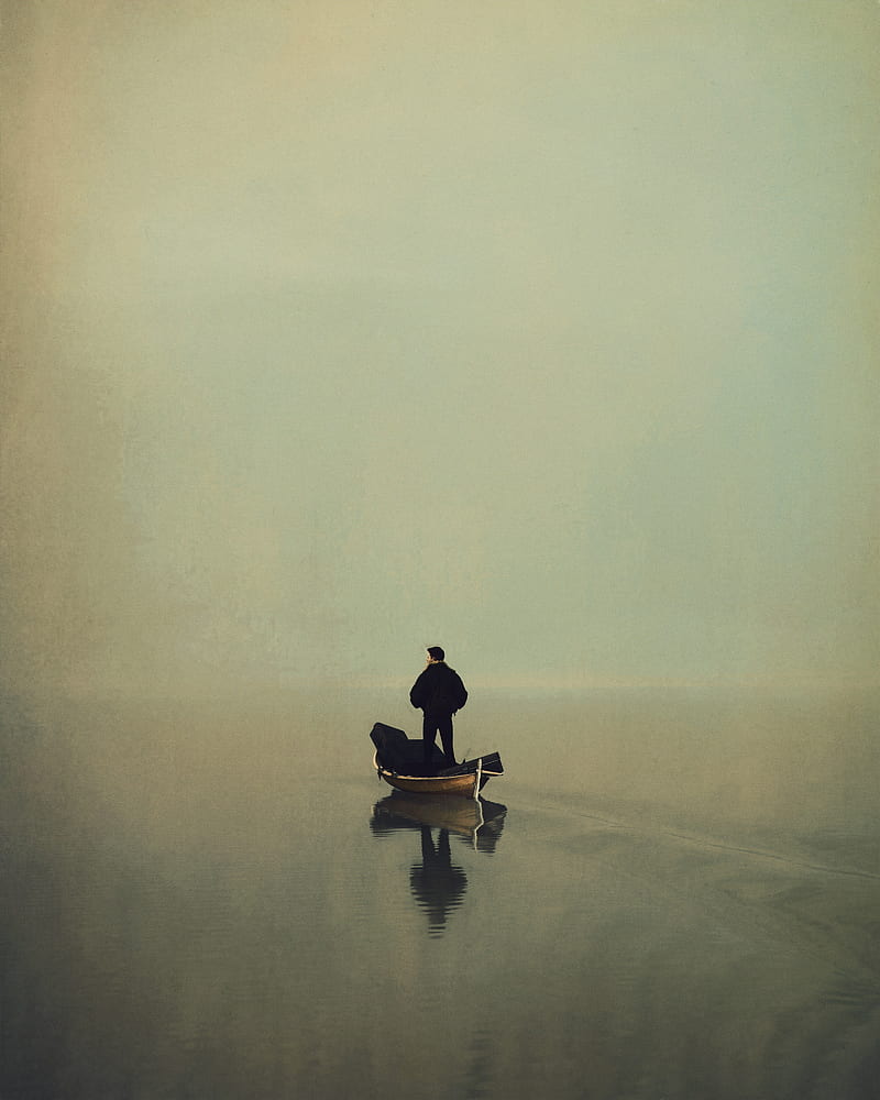 man, boat, alone, art, HD phone wallpaper