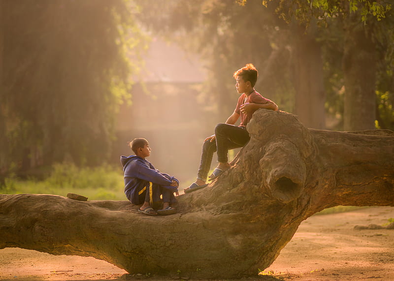 two boy's sitting on log, HD wallpaper