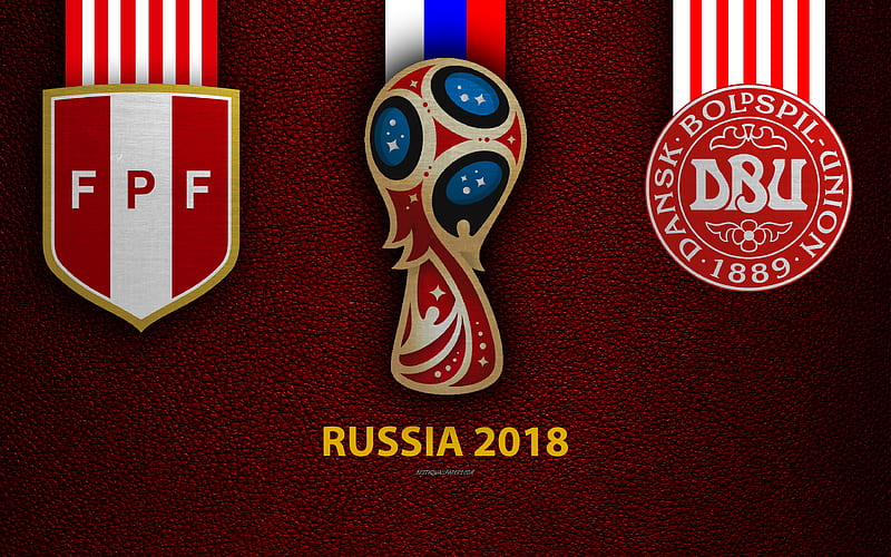 Peru vs Denmark Group C, football, 16 June 2018, logos, 2018 FIFA World Cup, Russia 2018, burgundy leather texture, Russia 2018 logo, cup, Peru, Denmark, national teams, football match, HD wallpaper