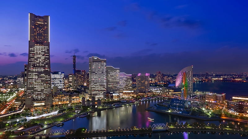 Yokohama City, japan, city, japanese, yokohama, sky, scenery, night, HD wallpaper