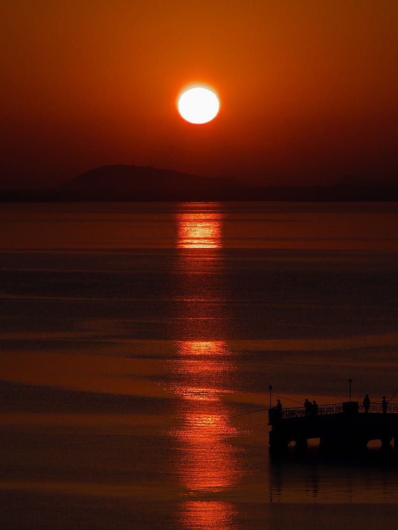 sunrise, sun, silhouettes, fishermen, sea, HD phone wallpaper