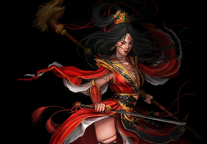 Dragon Warrior, staff, dragon head, woman, sword, HD wallpaper