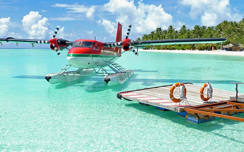 Seaplane by Pier, water, ocean, pier, seaplane, palms, HD wallpaper