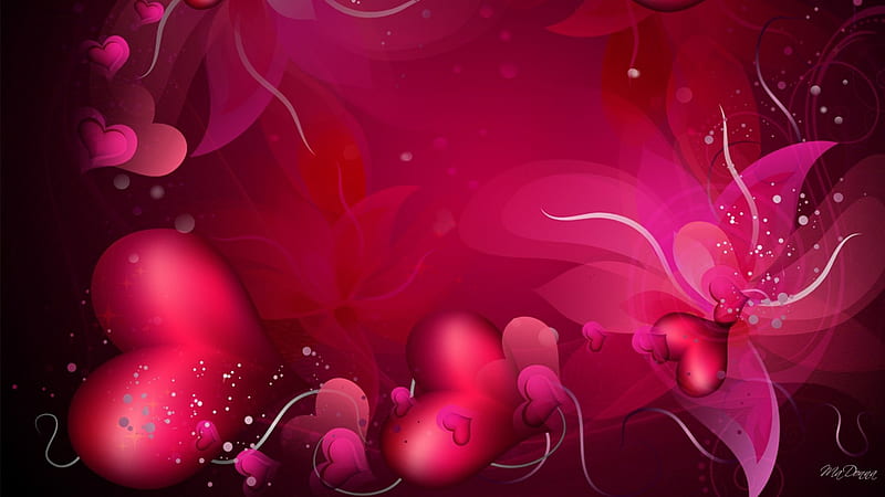 Hearts and More Hearts, red, magenta, swirls, abstract, lights, Valentines Day, corazones, flowers, lily, pink, HD wallpaper