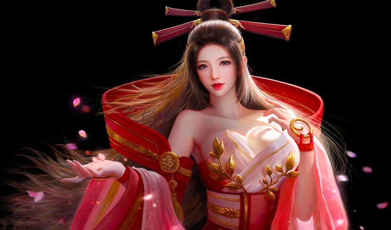 Diao Chan, red, art, pretty, bonito, woman, ruoxing zhang, fantasy, girl, digital, HD wallpaper