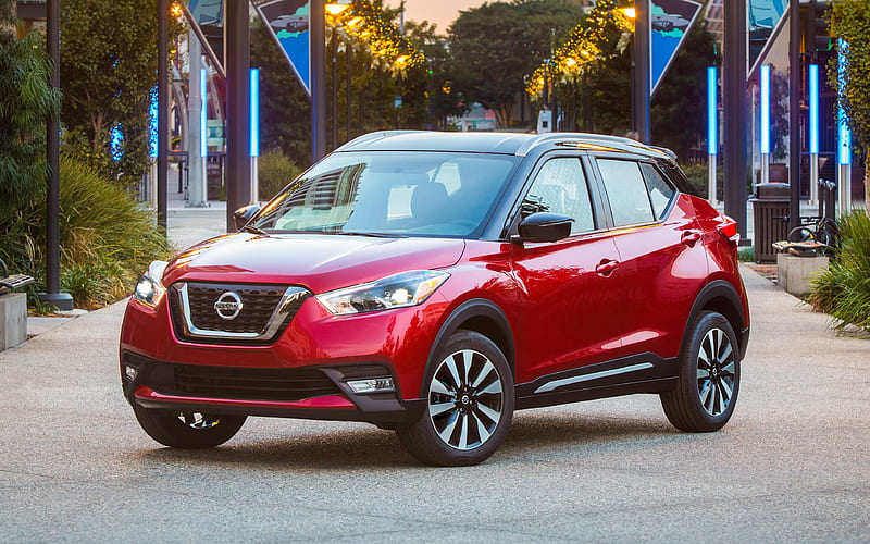 Nissan Kicks, 2018 exterior, red compact crossover, front view, new red Kicks, Japanese cars, Nissan, HD wallpaper