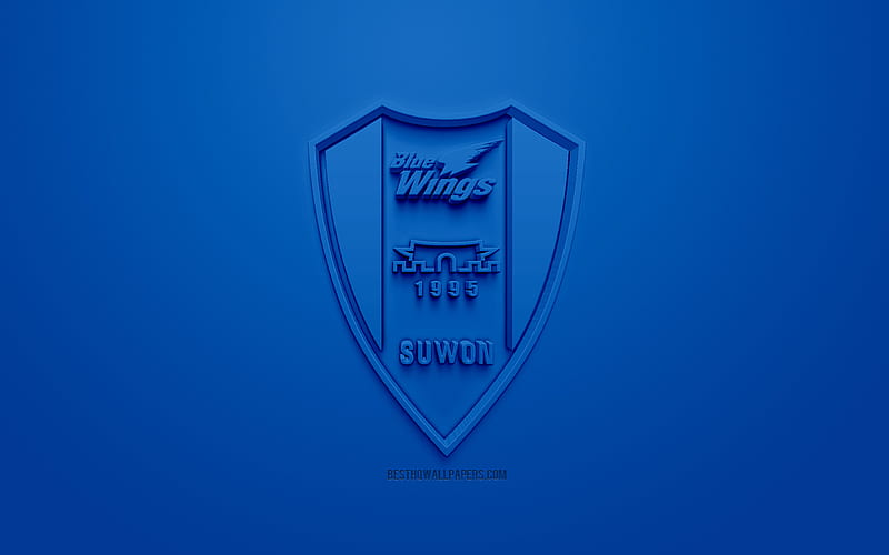 Suwon Samsung Bluewings, creative 3D logo, blue background, 3d emblem, South Korean football club, K League 1, Suwon, South Korea, 3d art, football, stylish 3d logo, HD wallpaper