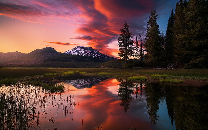 sunset, mountain, forest, USA, lake, nature USA, HD wallpaper
