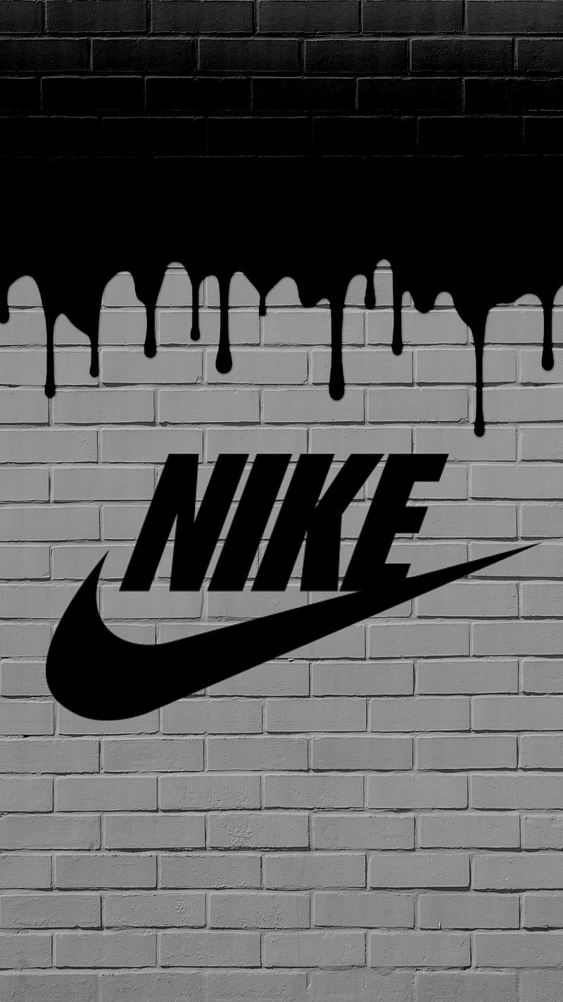 Nike graffiti, black, brand, brick, logo, slime, wall, white, HD phone wallpaper