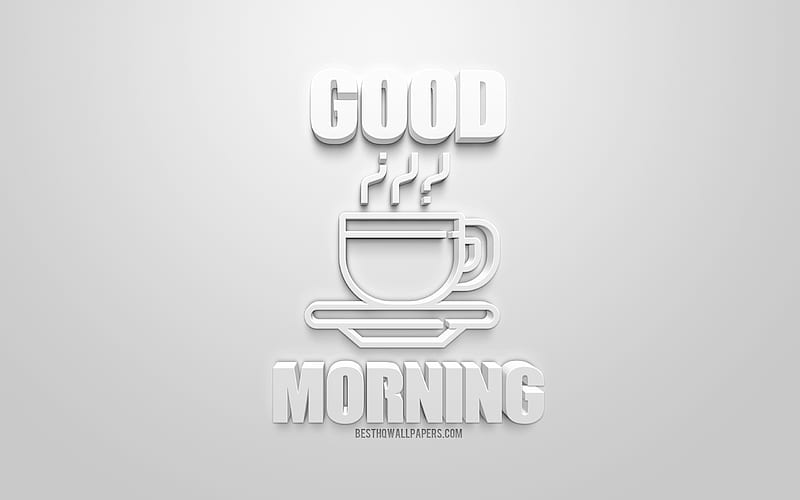 Good Morning, cup of coffee 3d icon, 3d sign, white background, 3d art, morning concepts, morning coffee, HD wallpaper