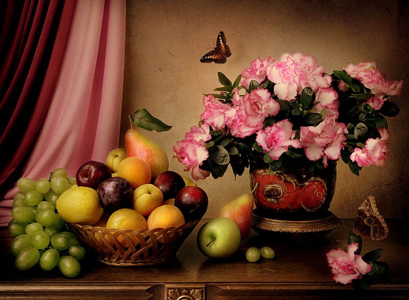 Harmony, fruit, table, still life, pink flowers, basket, flowers, pink drape, ornate planter, HD wallpaper