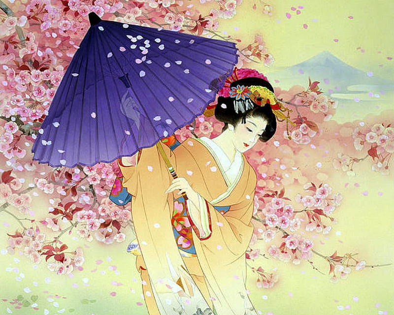 Yumezakura, umbrella, bonito, digital art, woman, geisha, cherry blossoms, japan, flowers, lovely, japanese, colors, love four seasons, kimono, asian, weird things people wear, petals, lady, HD wallpaper
