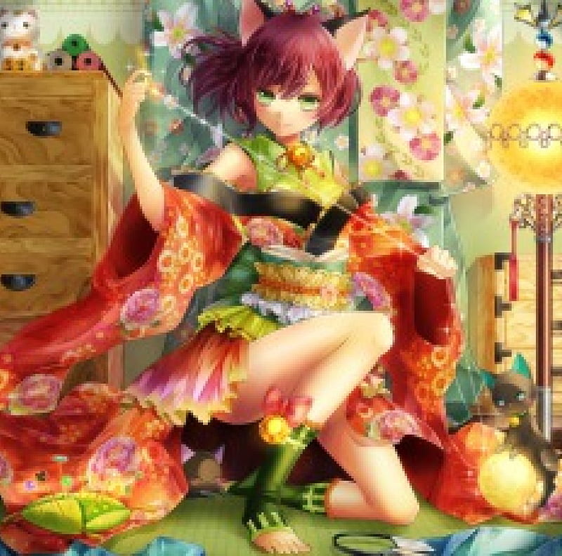 Neko Chan, nekomimi, pretty, neko, bonito, sweet, nice, anime, yukata, neko mimi, hot, beauty, anime girl, female, lovely, ears, kimono, sexy, girl, lady, drawers, maiden, HD wallpaper