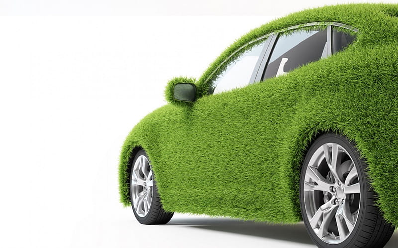 Eco car, grass, car, gree, eco, funny, white, creative, HD wallpaper