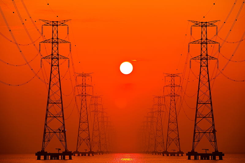 poles, wires, sunset, power lines, high-voltage lines, HD wallpaper